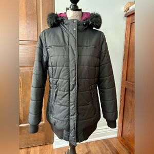 Eddie Bauer Women's Black Puffer Coat with Faux Fur Hood